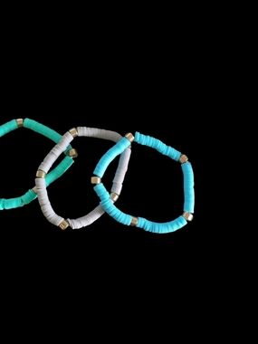 Turquoise, Gray and Green Stretch Bead Bracelet Set Of 3